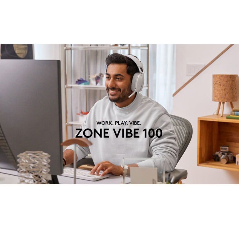 Logitech Zone Vibe 100 Wireless Headset, 40mm Audio Drivers, Bluetooth Connectivity, Upto 30 M Range, Flip-to-Mute Noise-Canceling Mic, 20 Hr Battery Life, Memory Foam & Fabric Cushioning, USB-C Logitech Zone Vibe 100 Wireless Headset, 40mm Audio Drivers, Bluetooth Connectivity, Upto 30 M Range, Flip-to-Mute Noise-Canceling Mic, 20 Hr Battery Life, Memory Foam & Fabric Cushioning, USB-C